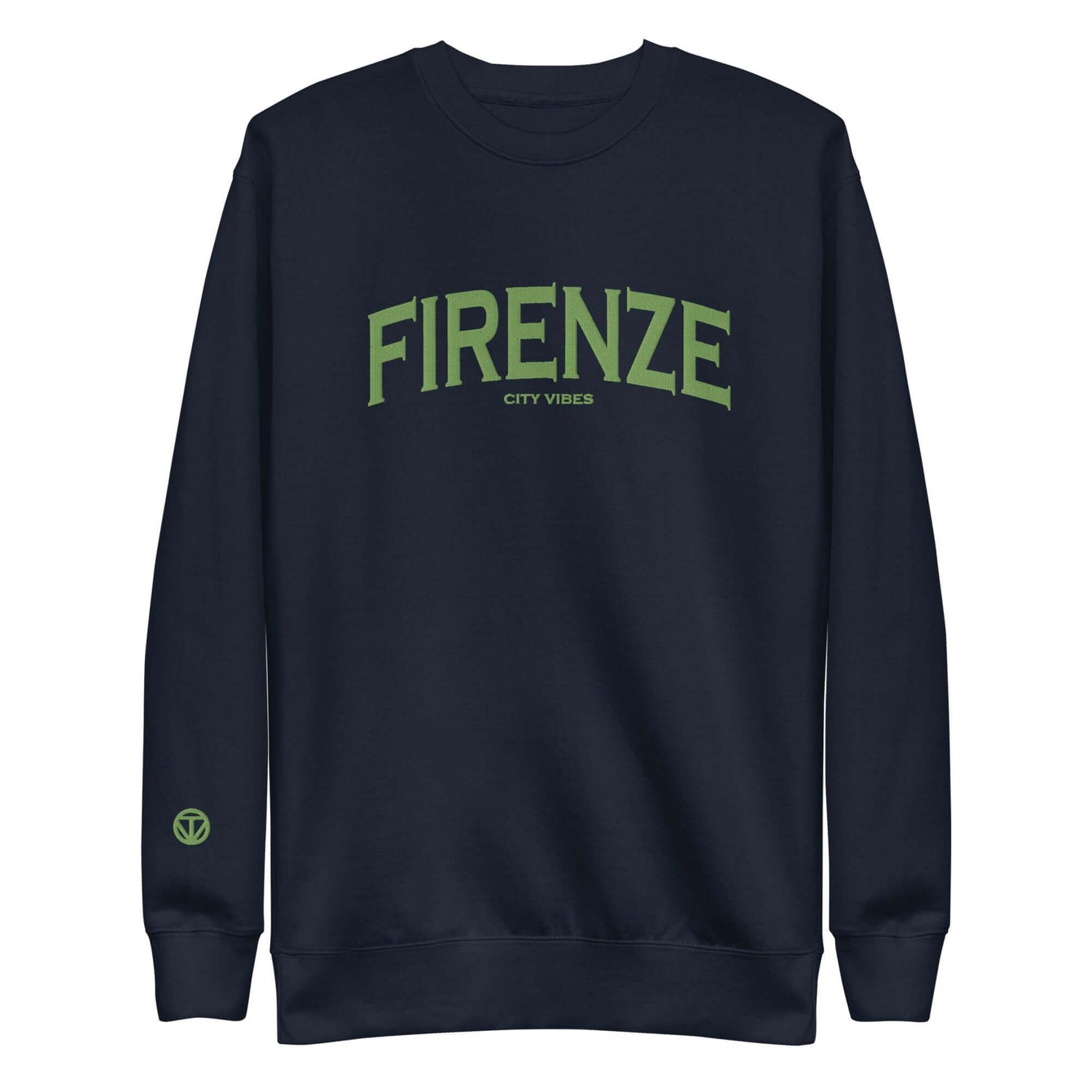 Unisex navy Sweatshirt mit grünem Firenze City Vibes Print auf der Vorderseite.