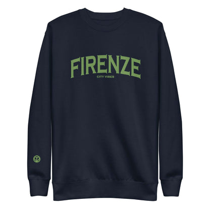 Unisex navy Sweatshirt mit grünem Firenze City Vibes Print auf der Vorderseite.