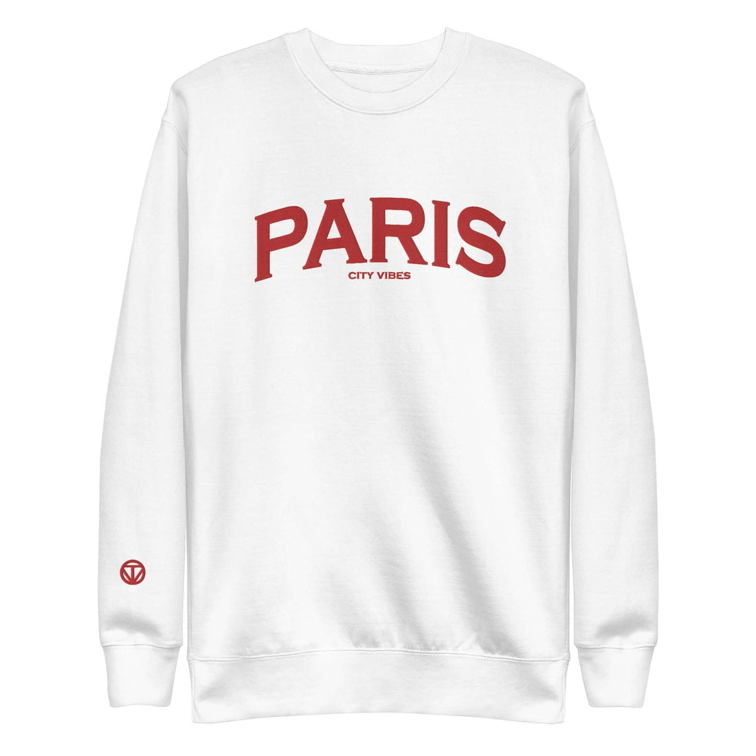 Weißer Unisex-Sweatshirt mit rotem PARIS City Vibes Aufdruck auf der Vorderseite