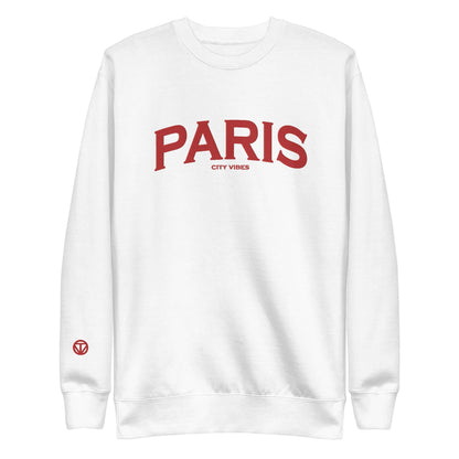Weißer Unisex-Sweatshirt mit rotem PARIS City Vibes Aufdruck auf der Vorderseite