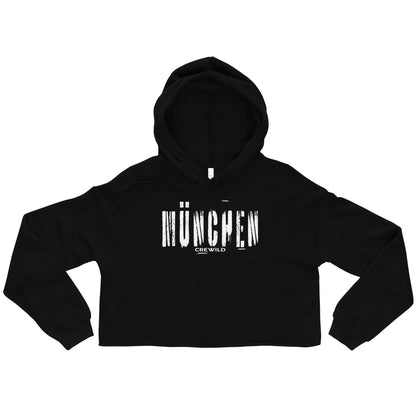 Schwarzer CREWILD Crop-Hoodie für Damen mit weißem München-Print