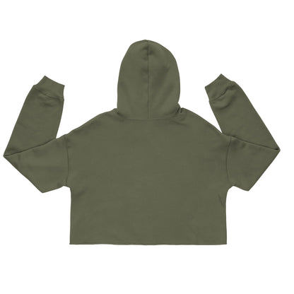 Rückansicht eines olivegrünen CREWILD Crop-Hoodies für Damen