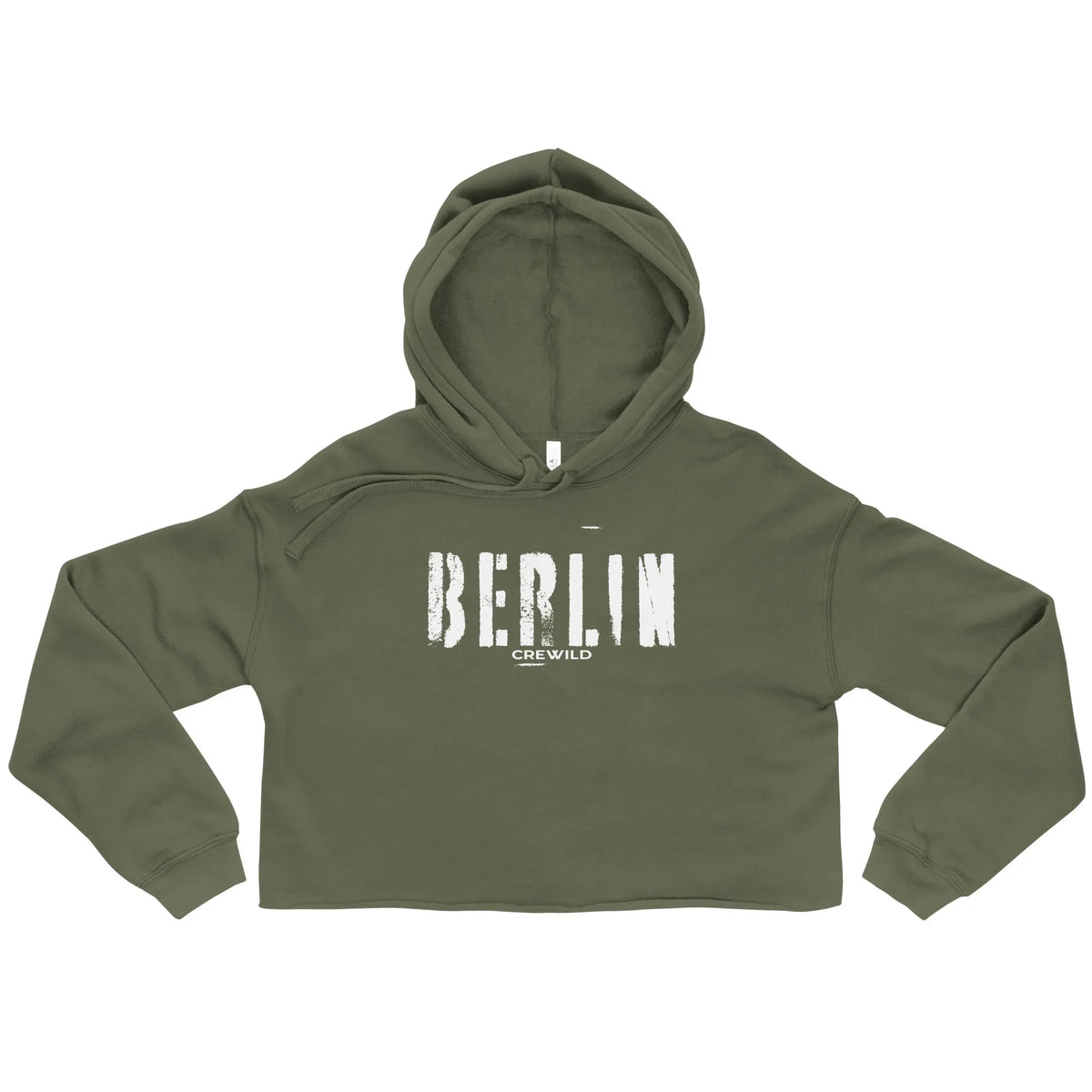 Olivgrüner CREWILD Crop-Hoodie für Damen mit weißem Berlin-Print