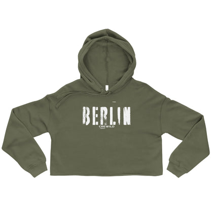 Olivgrüner CREWILD Crop-Hoodie für Damen mit weißem Berlin-Print