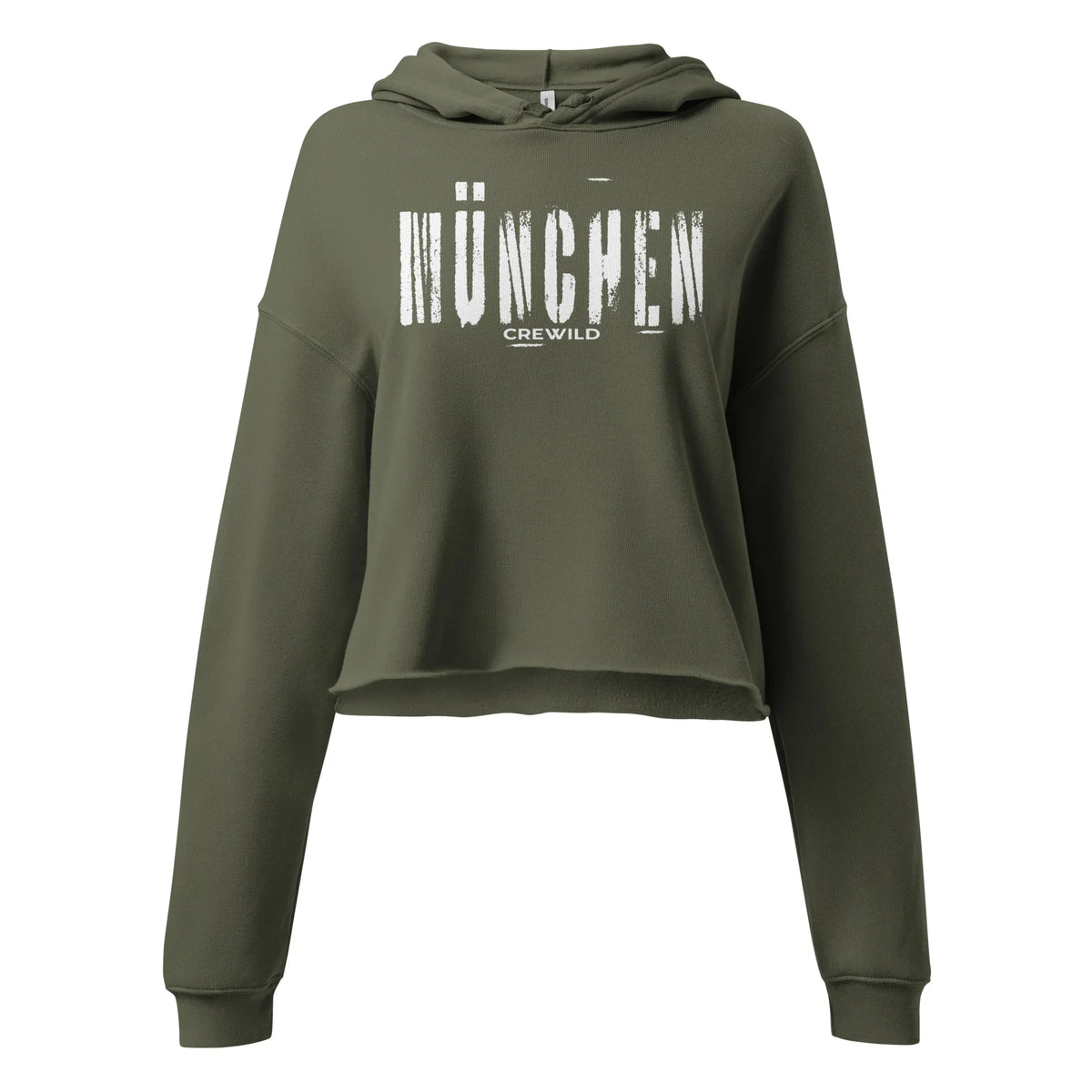 Olivgrüner CREWILD Crop-Hoodie für Damen mit weißem MÜNCHEN-Schriftzug