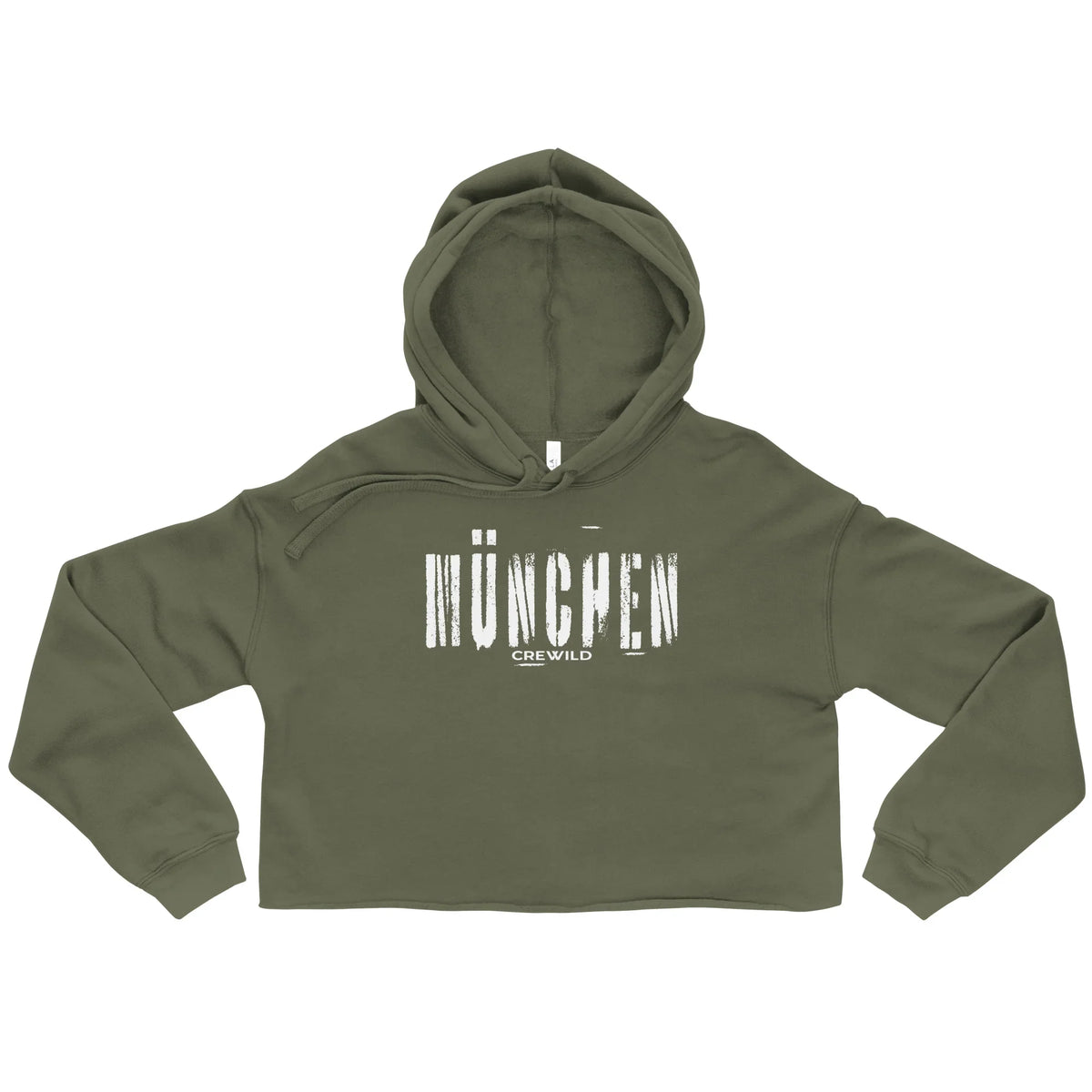 Olivgrüner CREWILD Crop-Hoodie für Damen mit weißem München-Schriftzug