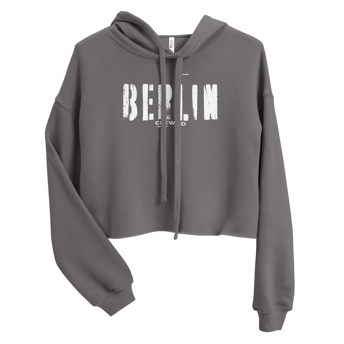 Grauer CREWILD Crop-Hoodie für Damen mit weißem BERLIN-Schriftzug