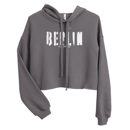 Grauer CREWILD Crop-Hoodie für Damen mit weißem BERLIN-Schriftzug