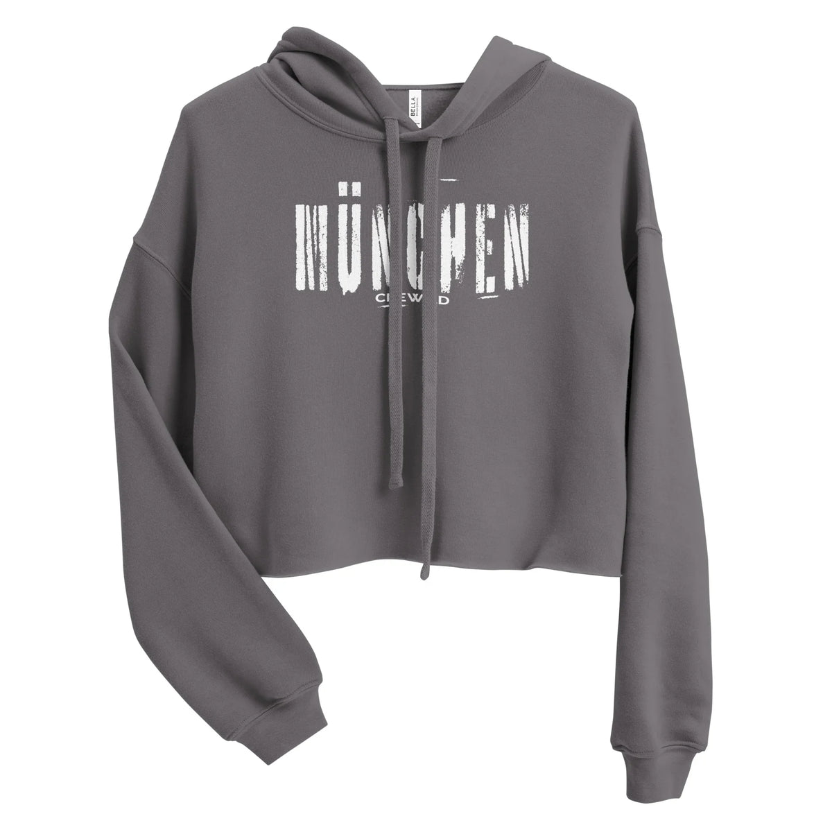 Grauer CREWILD Crop-Hoodie für Damen mit weißem MÜNCHEN Aufdruck