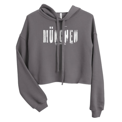 Grauer CREWILD Crop-Hoodie für Damen mit weißem MÜNCHEN Aufdruck