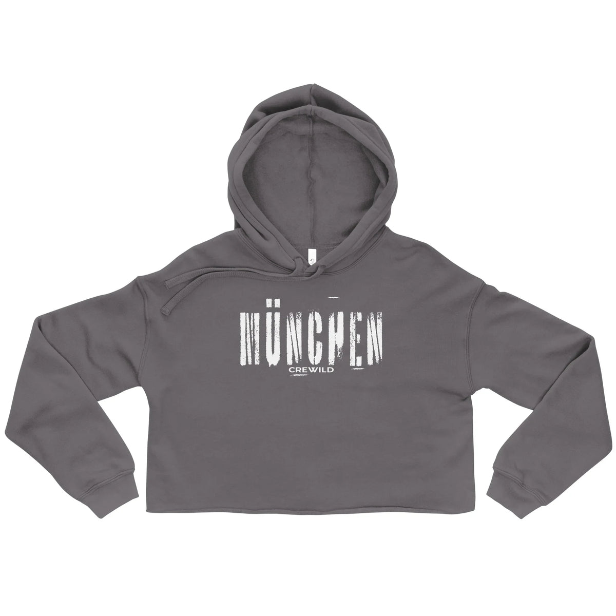 Grauer CREWILD Crop-Hoodie für Damen mit weißem München-Schriftzug im Grunge-Stil