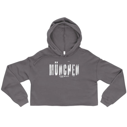 Grauer CREWILD Crop-Hoodie für Damen mit weißem München-Schriftzug im Grunge-Stil
