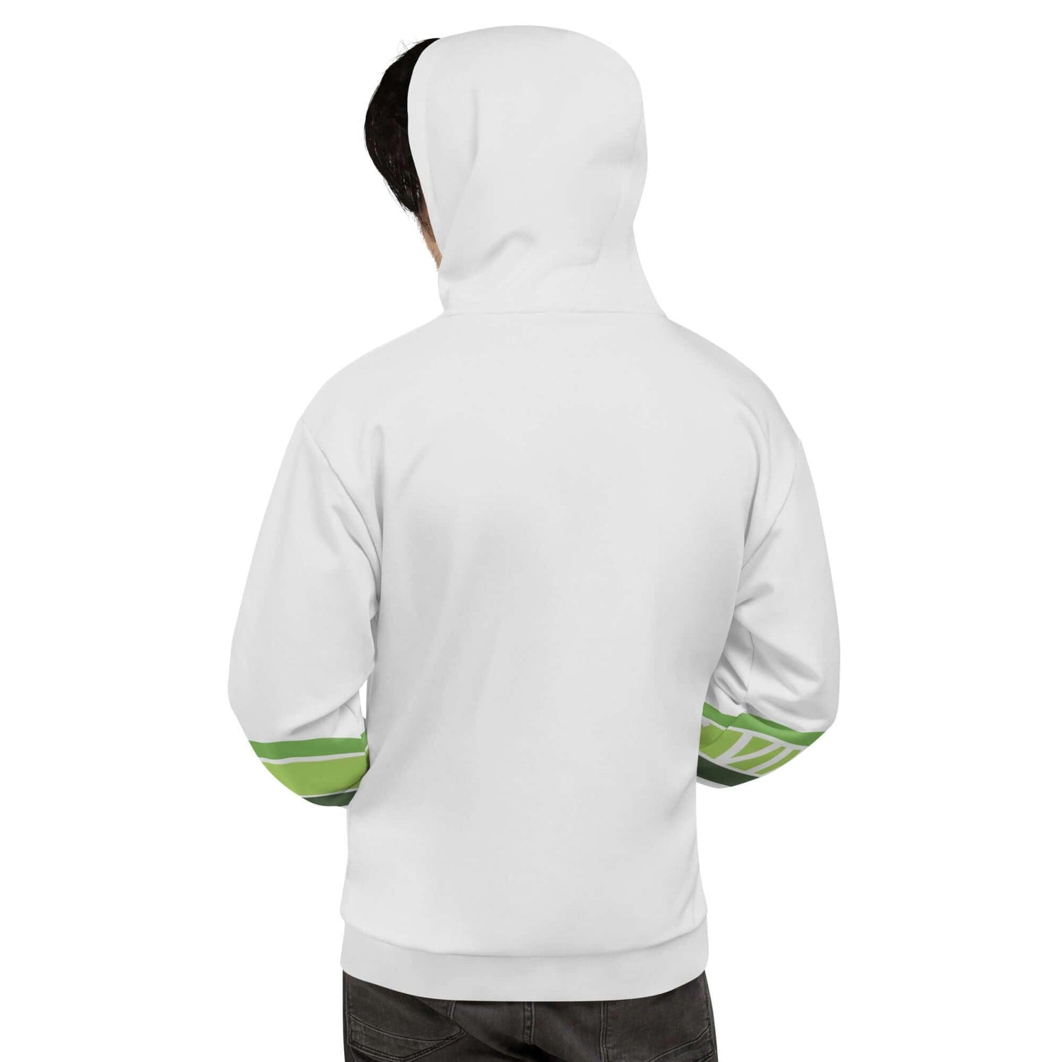 Hellgrauer Premium Hoodie mit grünen Streifen an den Ärmeln, Rückansicht, modisch