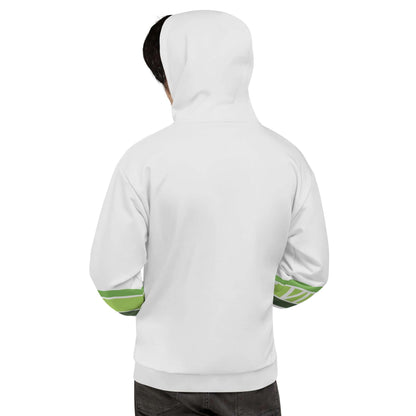 Hellgrauer Premium Hoodie mit grünen Streifen an den Ärmeln, Rückansicht, modisch