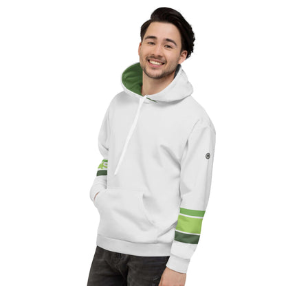 Mann trägt hellgrauen VIBES Premium Hoodie mit grünen Streifen und Kängurutasche