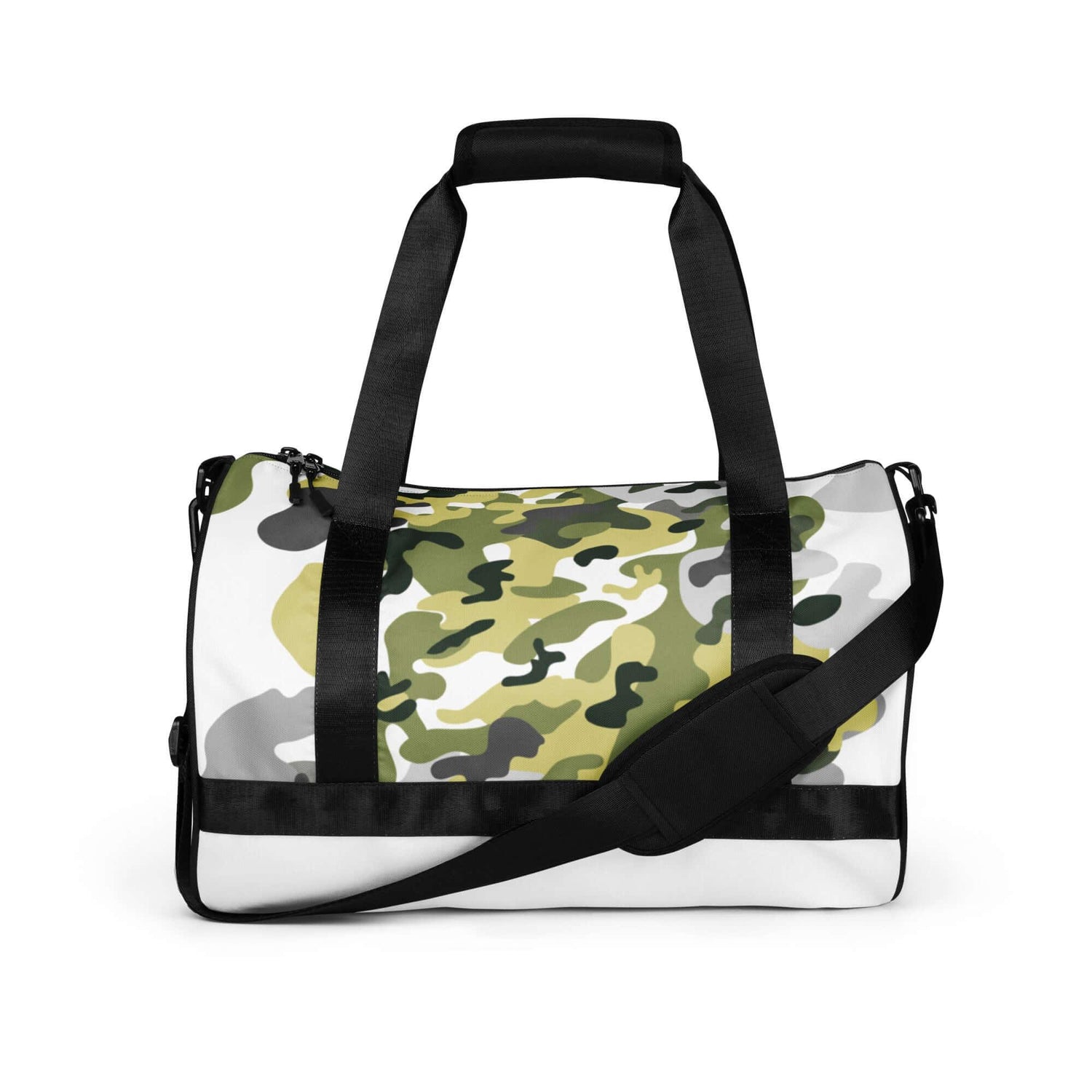 Sporttasche Camouflage Muster mit schwarzen Trägern auf weißem Hintergrund