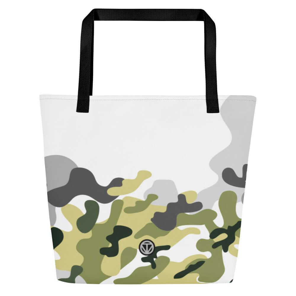 VIBES Tragetasche mit Camouflage-Muster und schwarzen Henkeln auf weißem Hintergrund