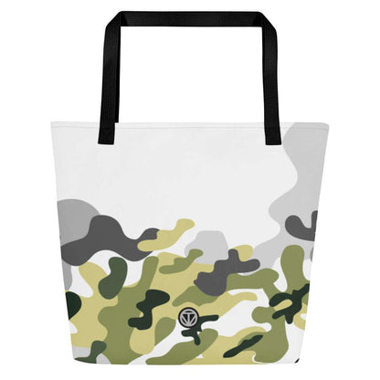 VIBES Tragetasche mit Camouflage-Muster und schwarzen Henkeln auf weißem Hintergrund