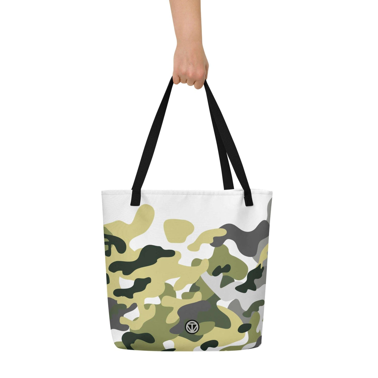 Tragetasche mit Camouflage-Muster und schwarzen Henkeln, VIBES Logo vorne