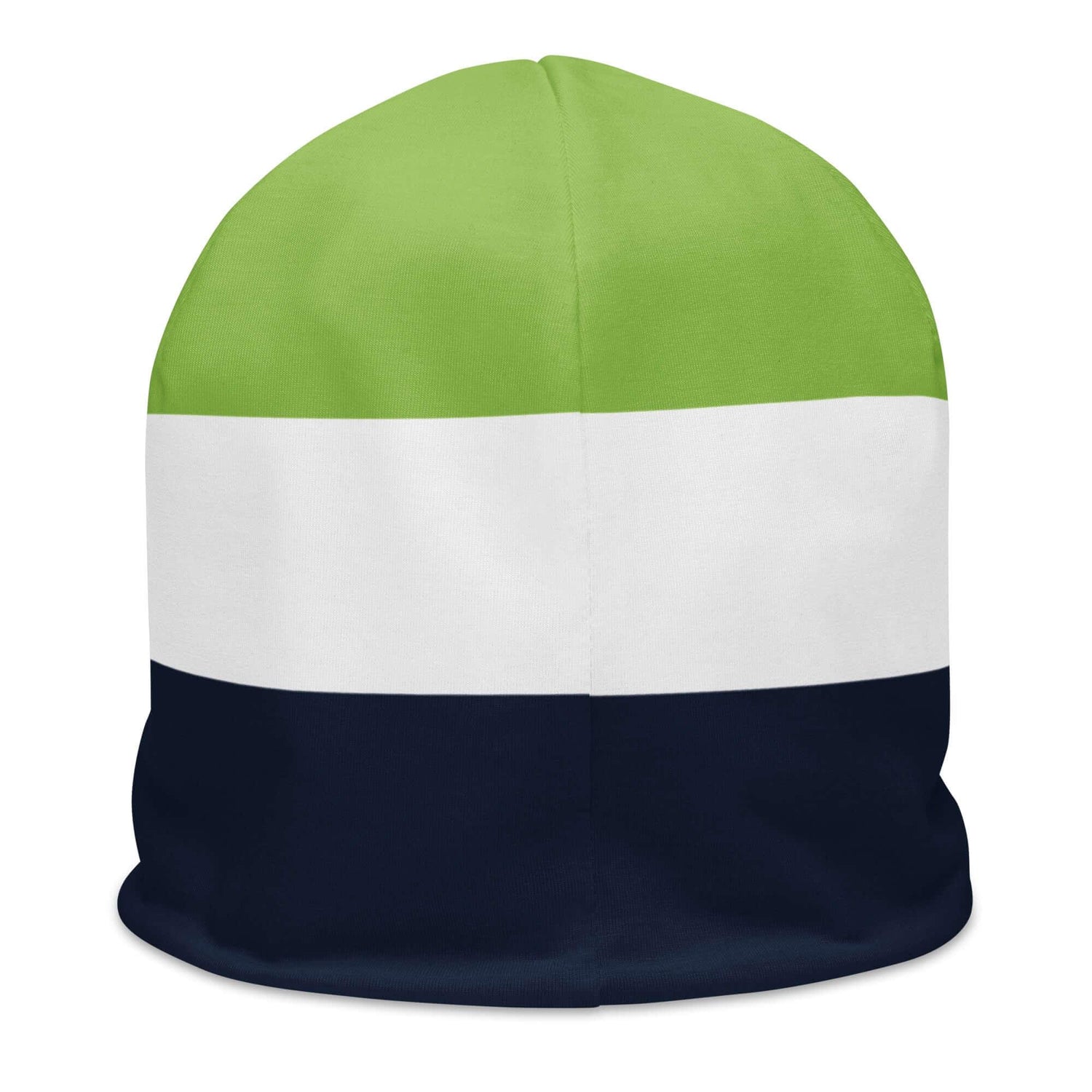 Beanie Mütze mit grünen, weißen und dunkelblauen Streifen auf weißem Hintergrund