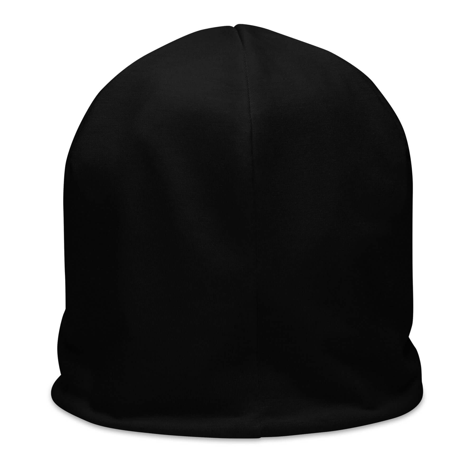 schwarze Beanie-Mütze Rückansicht, einfarbige Jersey-Mütze auf weißem Hintergrund