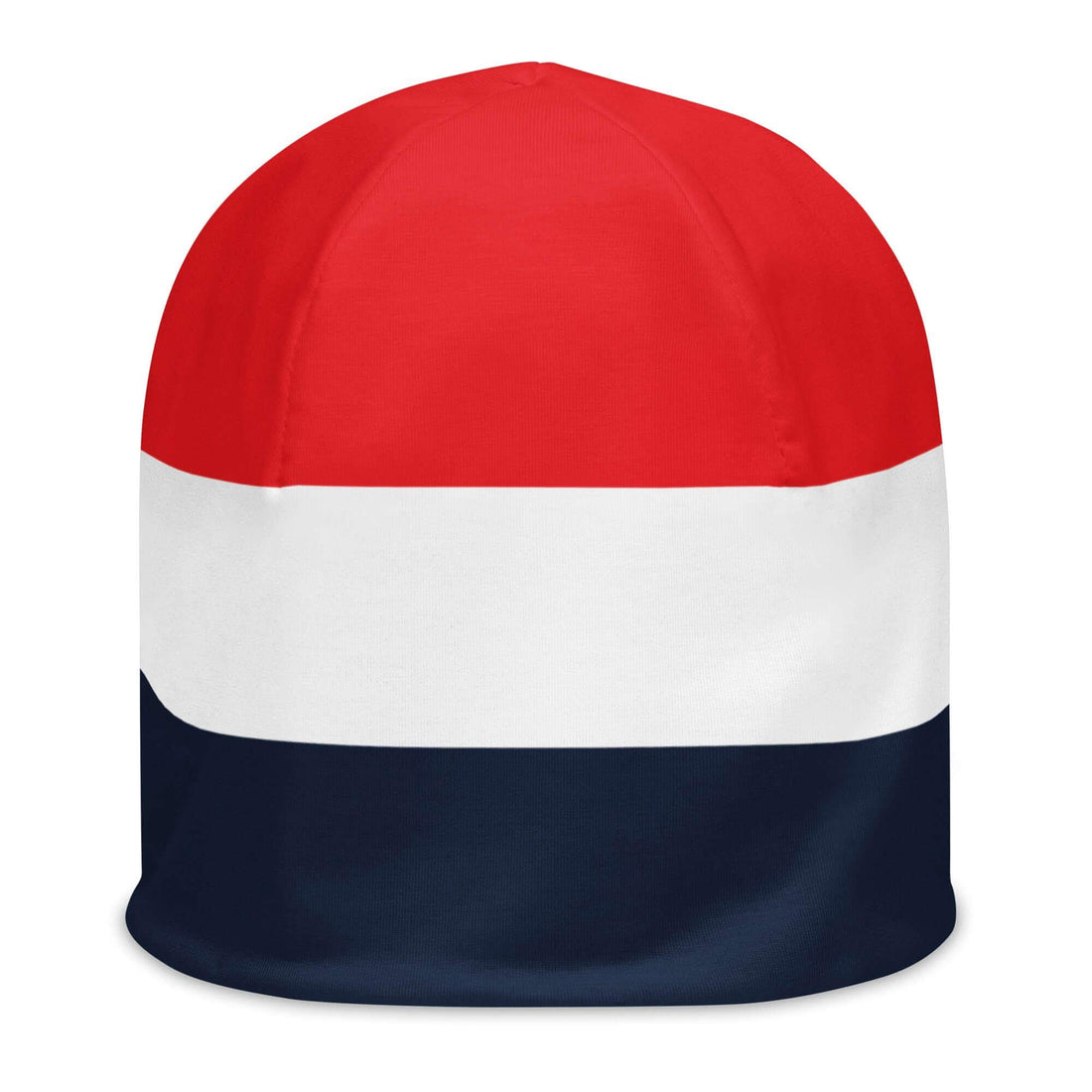 Beanie Mütze rot-weiß-blau, gestreift, auf weißem Hintergrund, Winteraccessoire