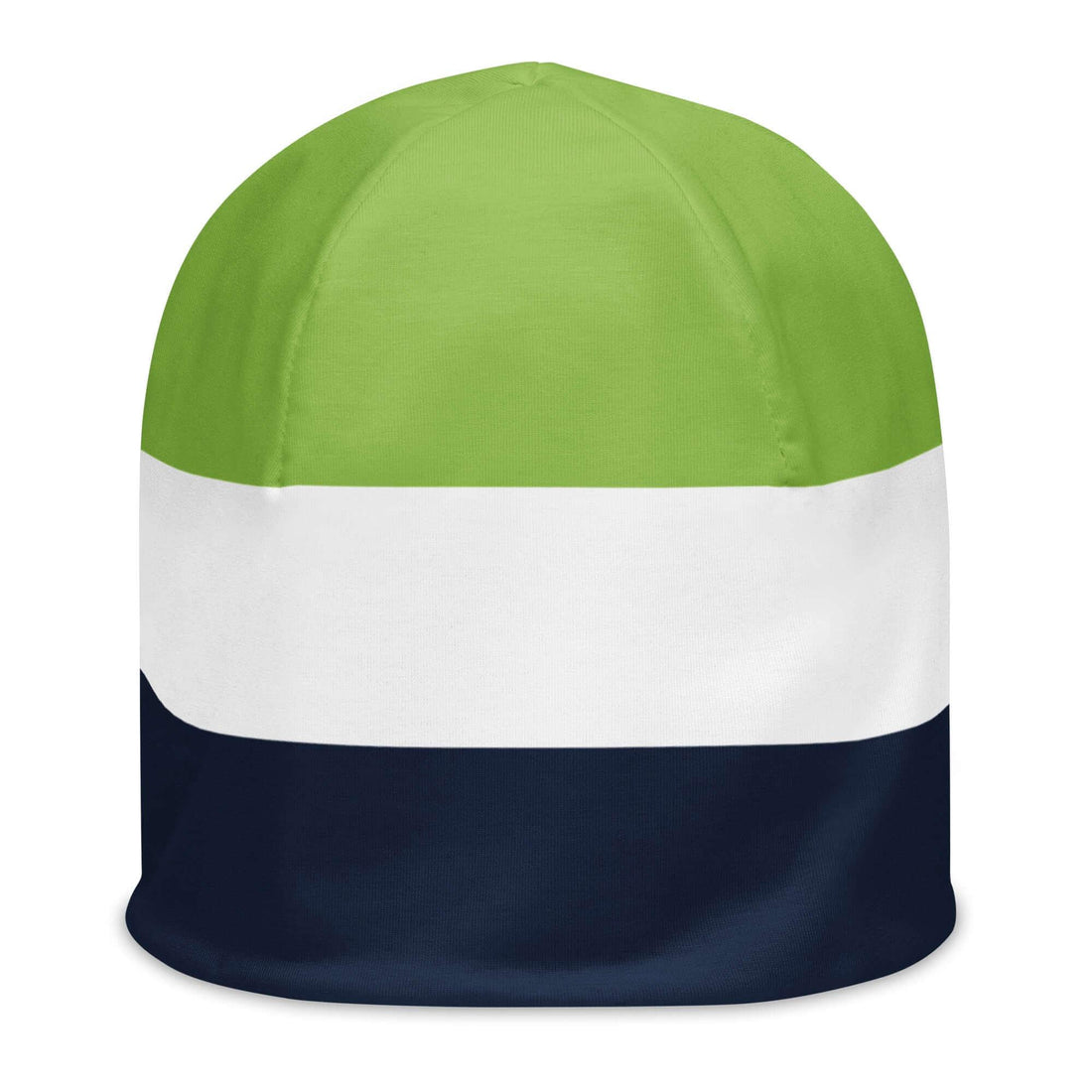 Mehrfarbige Beanie-Mütze mit grünen, weißen und dunkelblauen Streifen, Vorderansicht