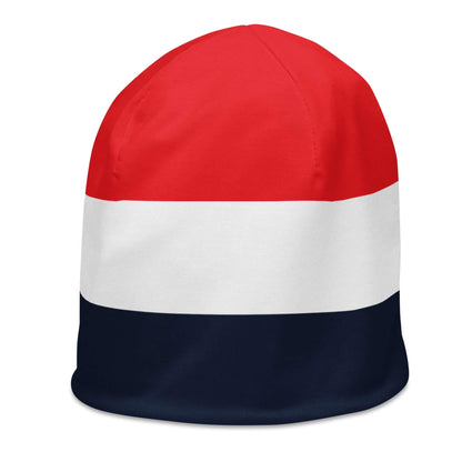 Beanie Mütze mit rot-weiß-blauen Streifen, Jersey Stoff, Allover-Print, Vorderansicht