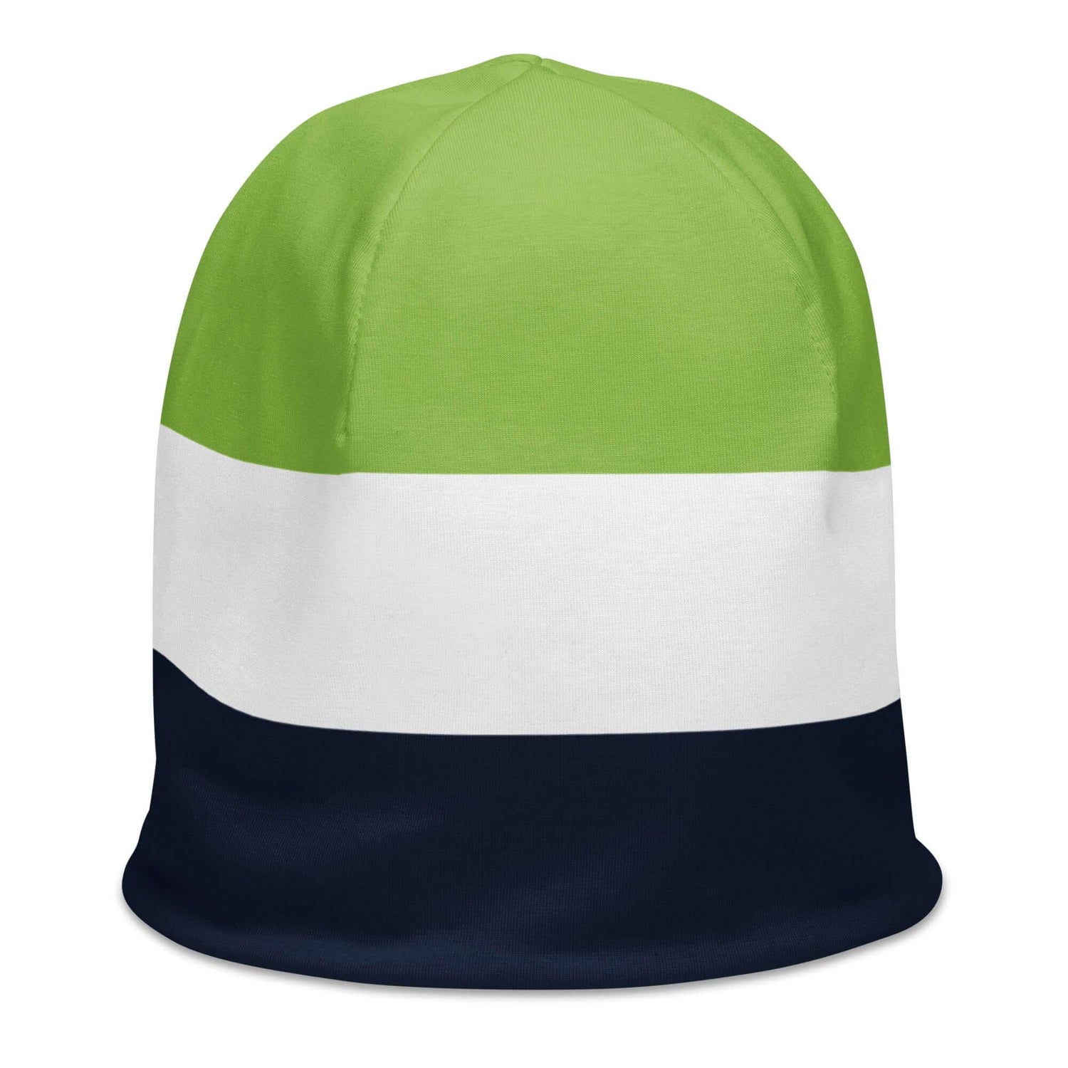 Beanie Mütze mit grün-weiß-blauem Streifenmuster, Allover-Druck, Vorderansicht