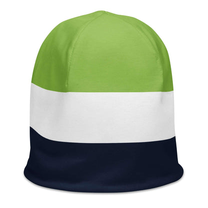 Beanie Mütze mit grün-weiß-blauem Streifenmuster, Allover-Druck, Vorderansicht