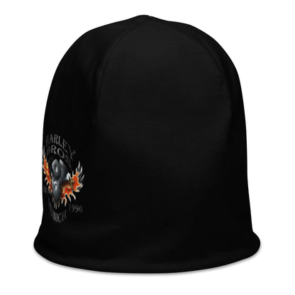 Schwarze Beanie-Mütze mit Harley-Bro-Motorrad-Logo und Flammen-Design auf weißem Hintergrund