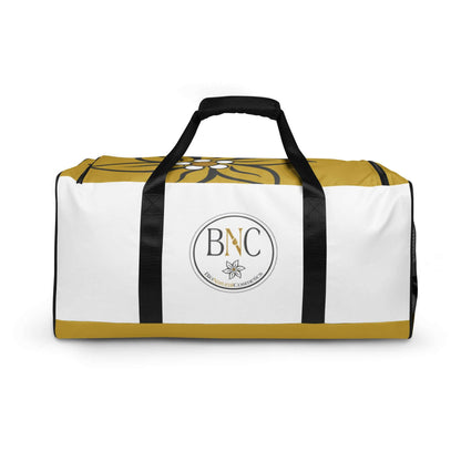 Weiße und goldene Sporttasche mit BNC-Logo, schwarzen Henkeln, modernes Design