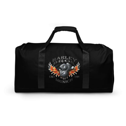 Schwarze Duffel-Bag mit Harley Bros München Flammenlogo und zwei Tragegriffen