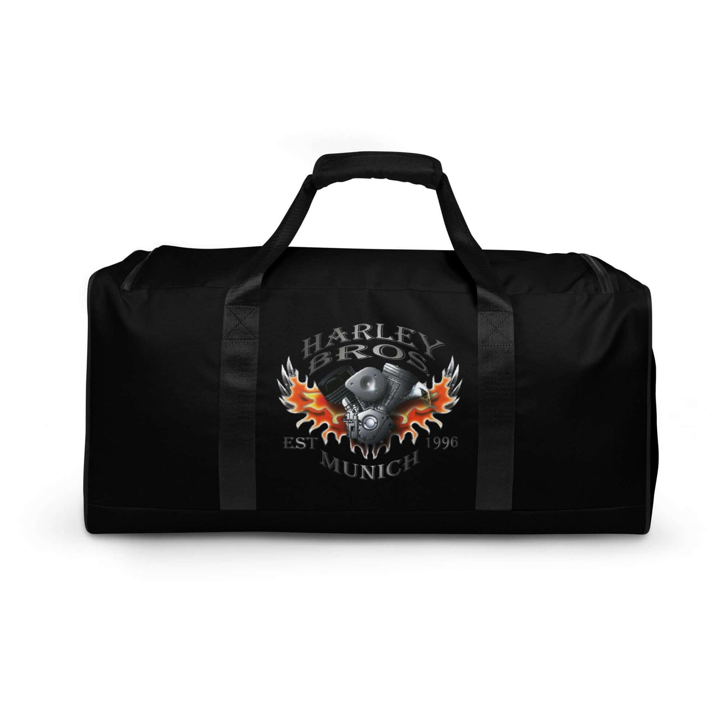 Schwarze Sporttasche mit Harley Bros Munich Logo, Flammen, Motor und Tragegriffen