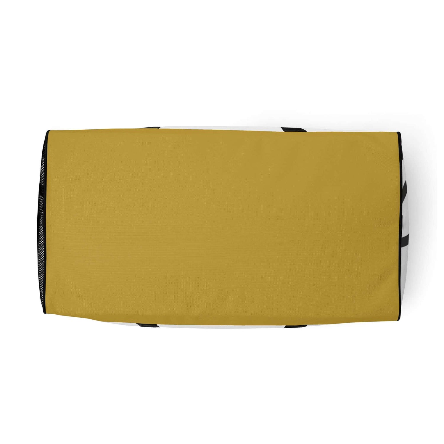 Duffle Bag mit senfgelbem Boden, schwarze Kanten, auf weißem Hintergrund