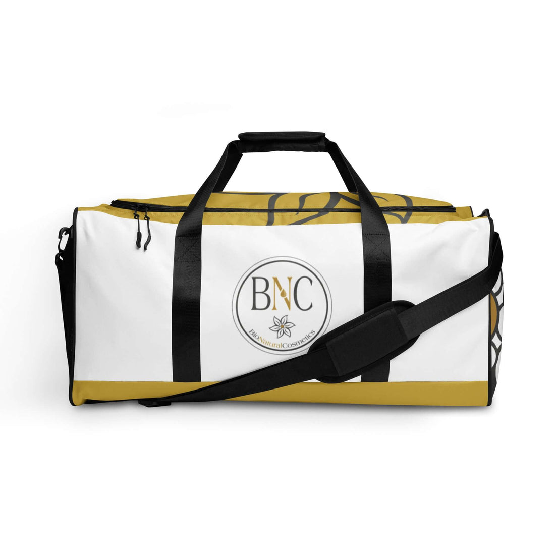 Weiße Duffle Bag mit gelben Akzenten, BNC Bio Natural Cosmetics Logo, schwarze Tragegurte