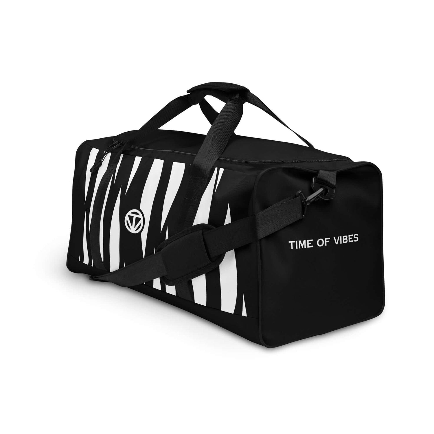 Schwarze Sporttasche mit weißem Zebra-Muster und TIME OF VIBES Print, Duffle Bag