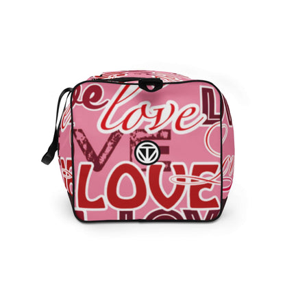 Duffle Bag rosa mit roten und weißen Love-Schriftzügen, Reisetasche mit modernem Print