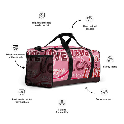 Sportliche Reisetasche mit LOVE-Print, schwarzem Netz-Seitenfach und gepolsterten Griffen.