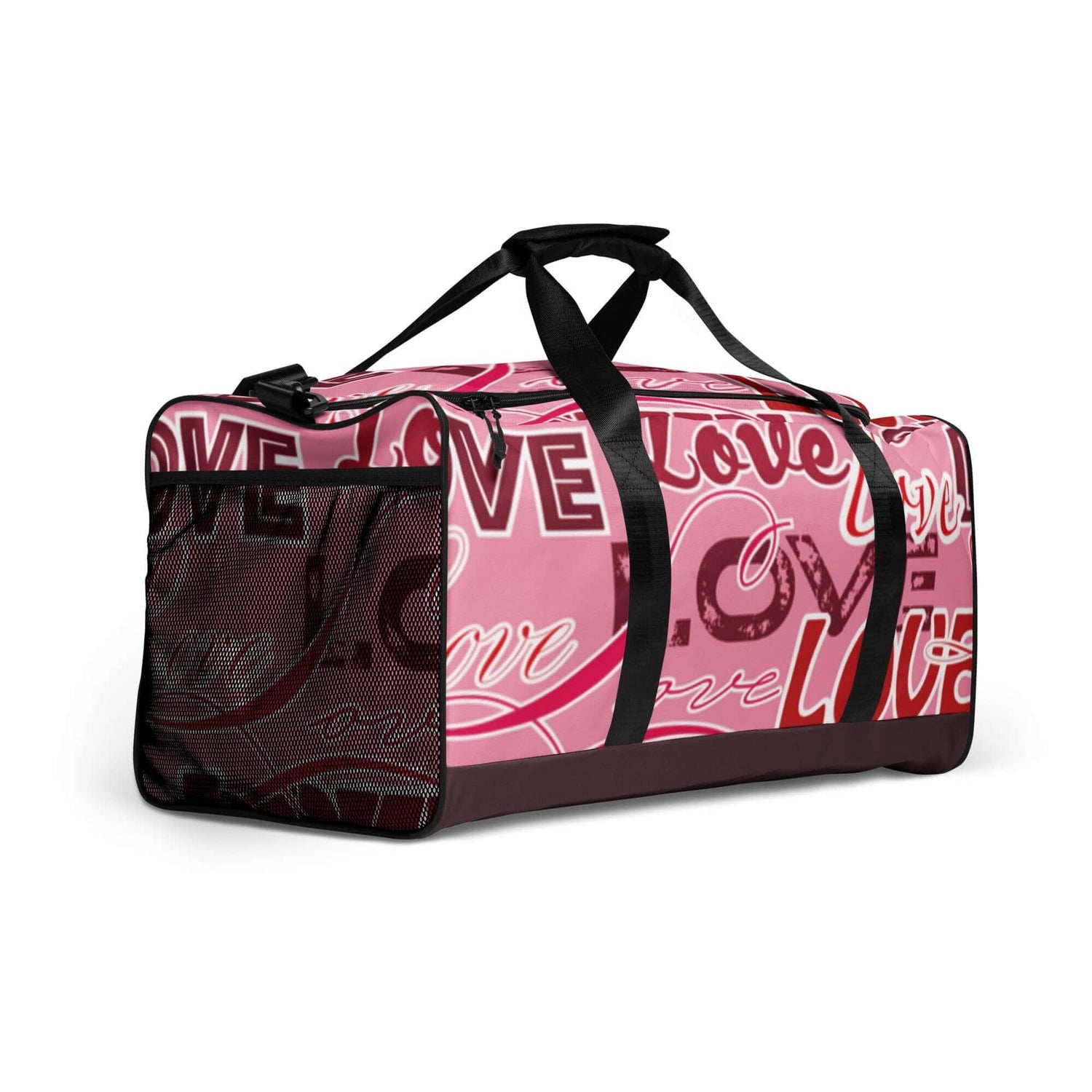 Pink Duffle Bag mit LOVE Schriftzug, schwarze Griffe, seitliches Netzfach, Sporttasche