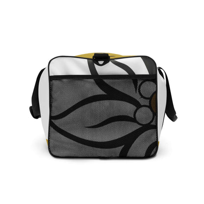 Weiße Sporttasche mit abstraktem schwarzen Muster und Mesh-Tasche vorne, Duffle Bag