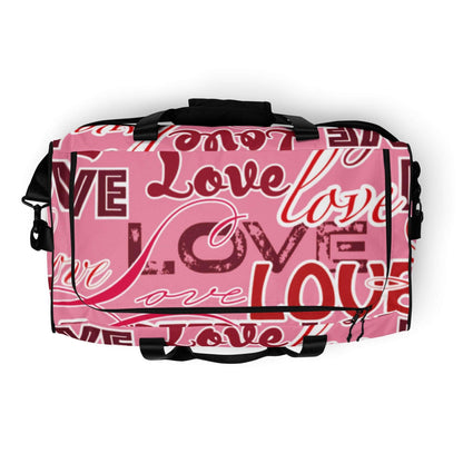 Pink Duffle Bag mit rotem Love-Schriftzug Muster, schwarzer Trageriemen, Sporttasche