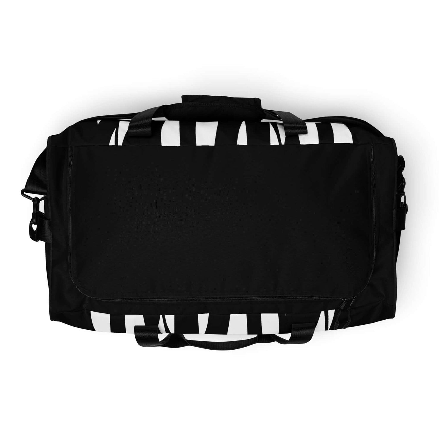 Schwarze Sporttasche mit weißen Streifen, Duffle Bag Design, auf weißem Hintergrund