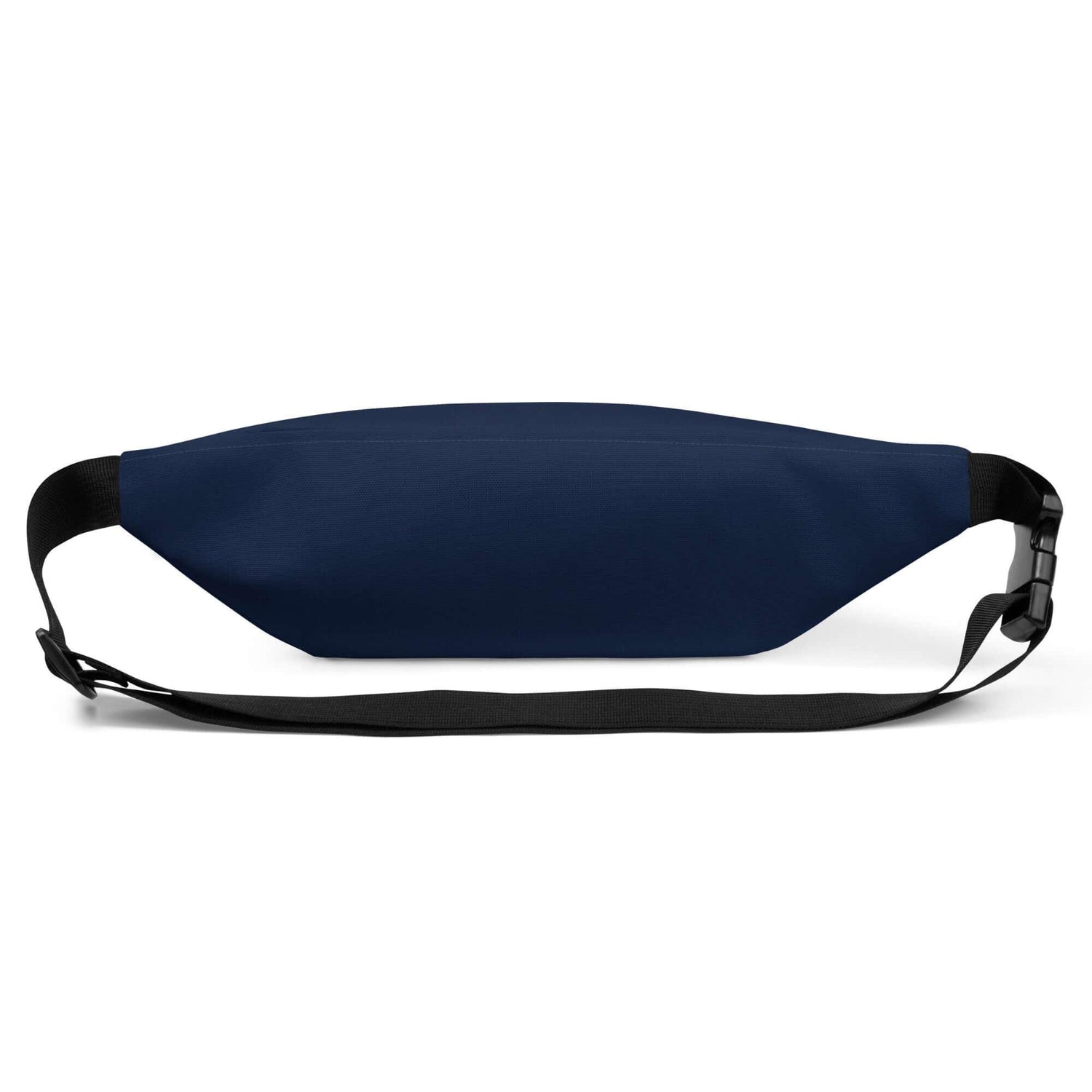 Blaue Gürteltasche mit schwarzem Gurt, minimalistisches Design, auf weißem Hintergrund