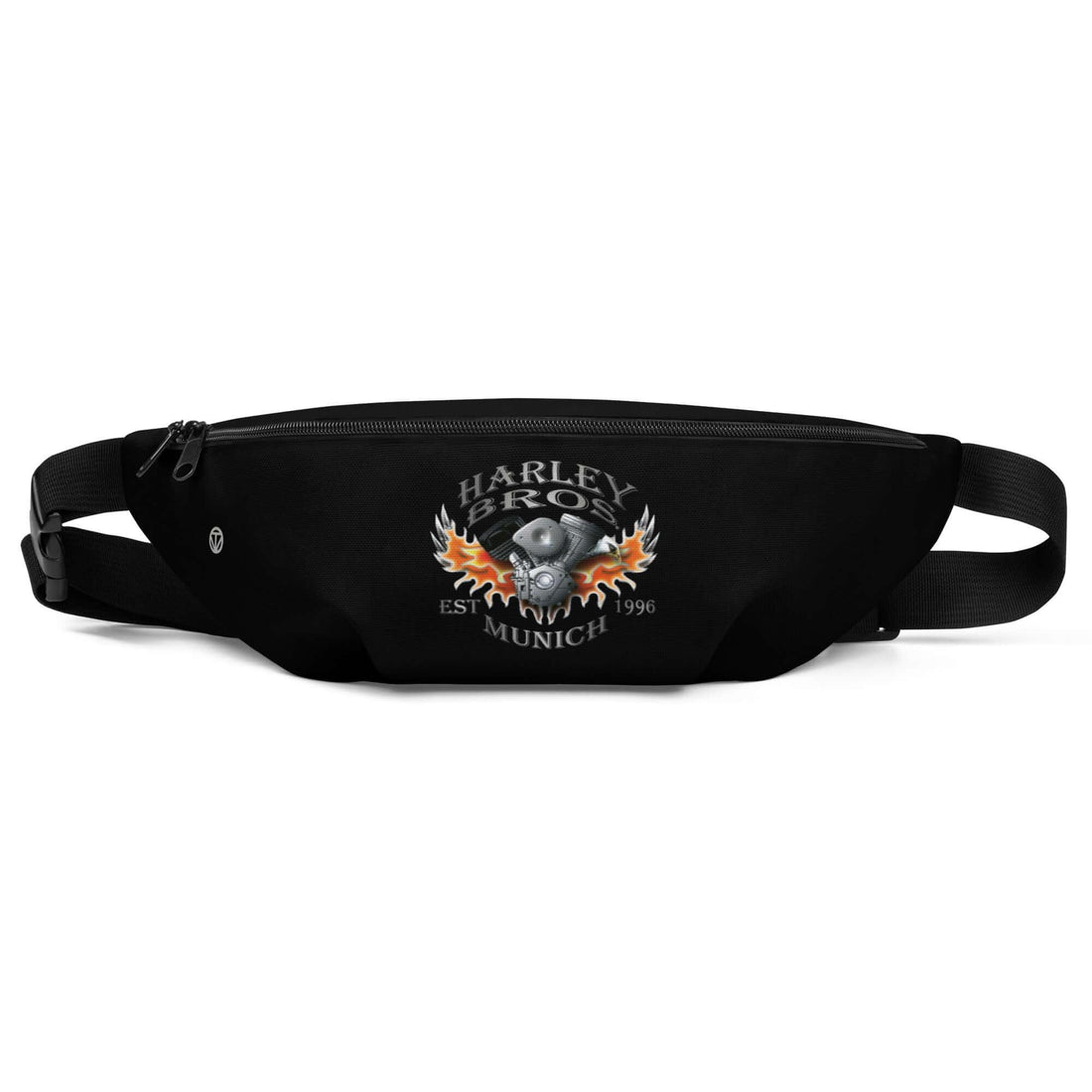 Schwarze Gürteltasche mit Harley Bros Munich Logo, Motor und Flammen vorne
