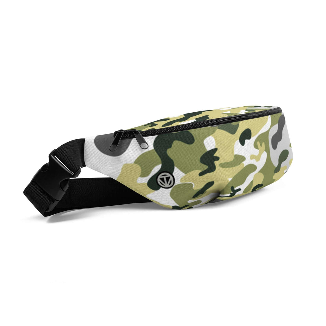 Bauchtasche mit Camouflage-Muster, schwarz-weißer Reißverschluss und Logo, Frontansicht
