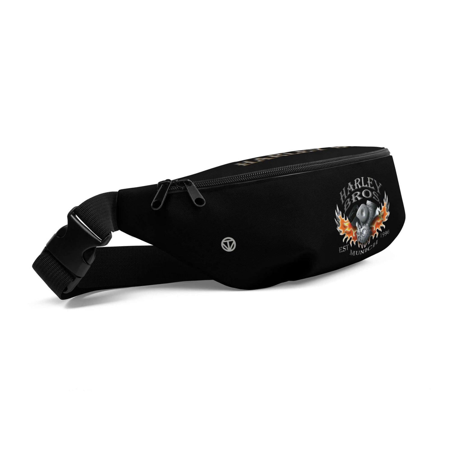 Schwarze Gürteltasche mit Harley Bros München Totenkopf-Logo und Flammen-Design auf weißem Hintergrund