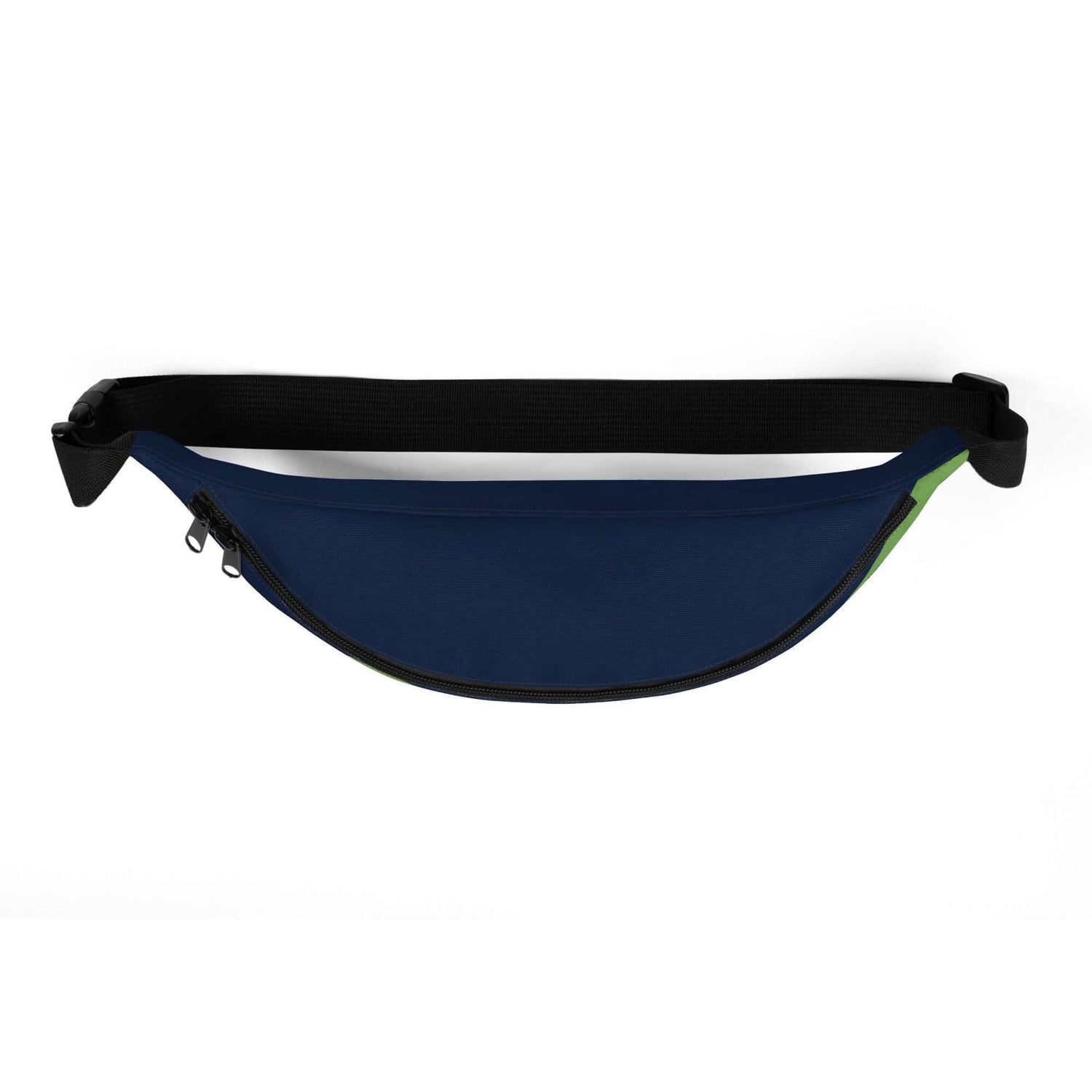 Blaue Bauchtasche mit schwarzem Reißverschluss und Gurt auf weißem Hintergrund