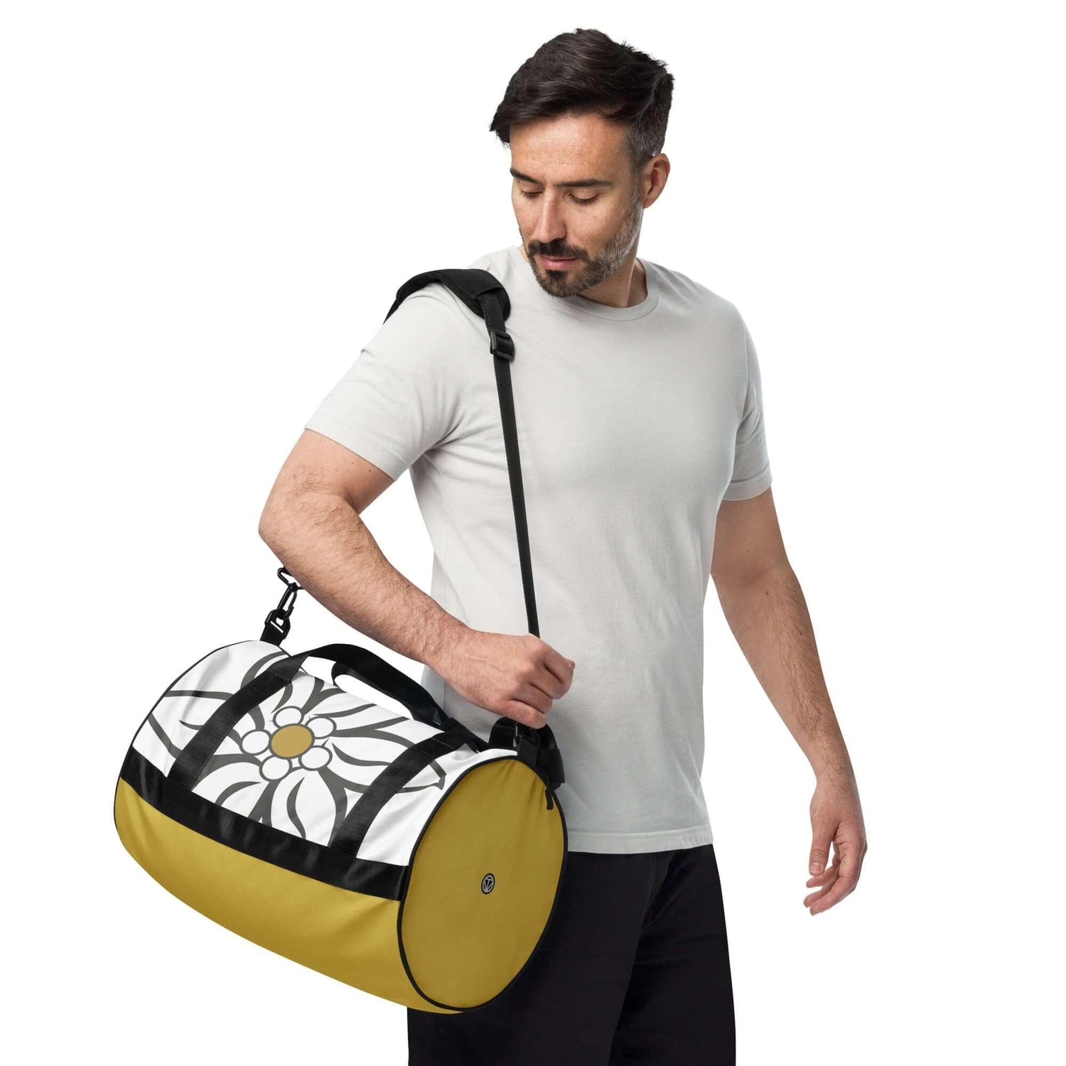 Mann mit weiß-gelber Sporttasche mit Blumenmuster, Umhängetasche, Gym Bag