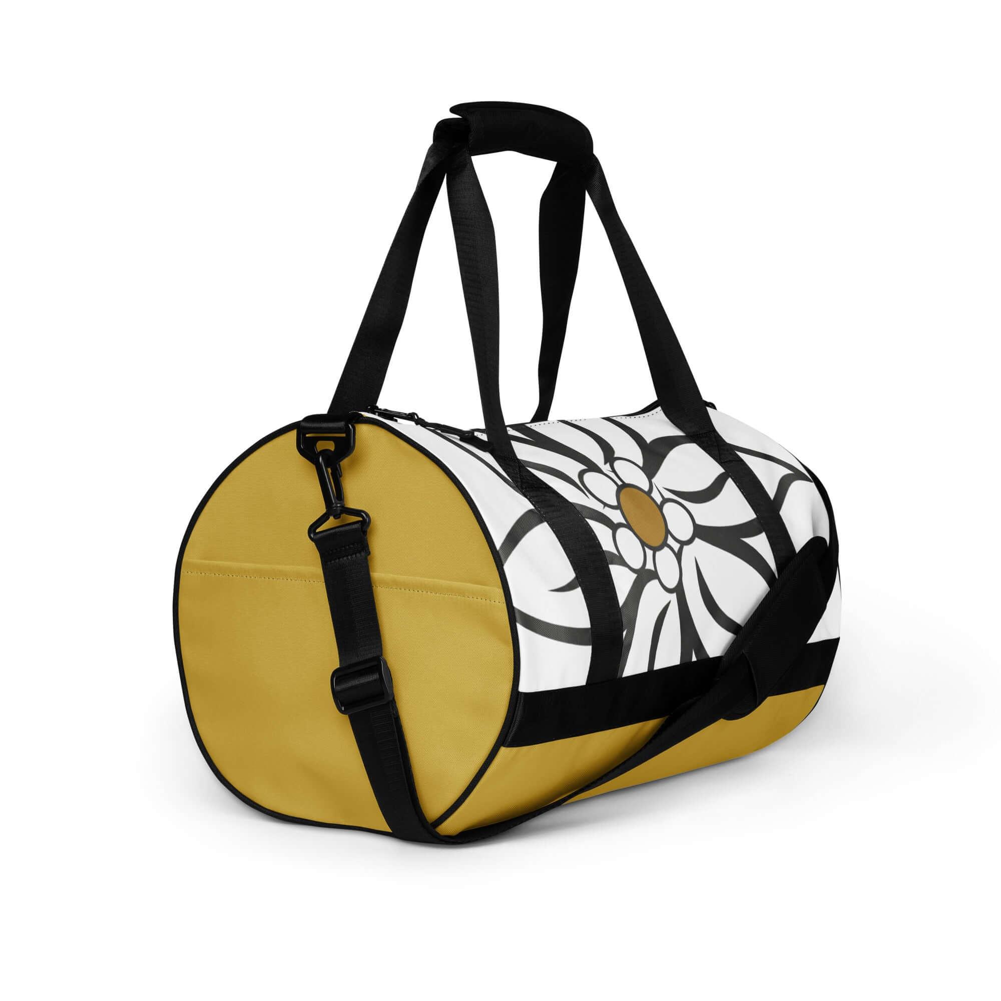 Gelbe und weiße Sporttasche mit Blumenmuster, schwarze Träger, Gym Bag